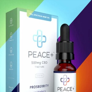 CBD tincture bottle and box packaging with colorful geometric background.