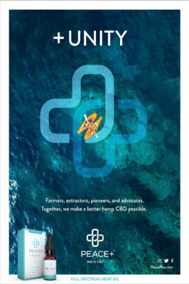 A kayaker paddles over clear waters, with a large cross symbol and product branding for Peace+ unity.