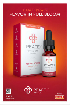 Bottle of Peace+ 500mg CBD tincture next to its red packaging, featuring "Flower Power" and hibiscus raspberry flavor.