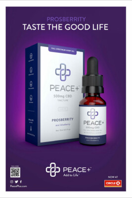 CBD tincture bottle and box featuring "Prosperbility" with acai blueberry flavor and branding from Peace+.