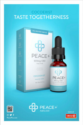 500mg CBD tincture in a dropper bottle with a blue and white box labeled "PEACE+" and "COCOEXIST".