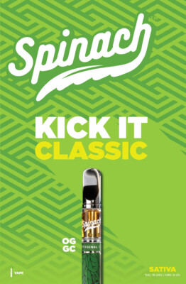 Spinach brand vape cartridge labeled "Kick It Classic," featuring sativa information and a green patterned background.