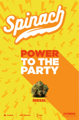 Bright yellow packaging featuring "Spinach" logo and "Power to the Party" text with an image of Diesel cannabis buds.